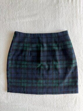 Plaid Wool Blend Mini Skirt Tartan Dark Academia Preppy Green Navy Womens Small